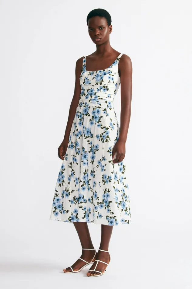 Emilia Wickstead Verena Dress In Blue Dahlia Floral Bibione Cotton Women Dresses