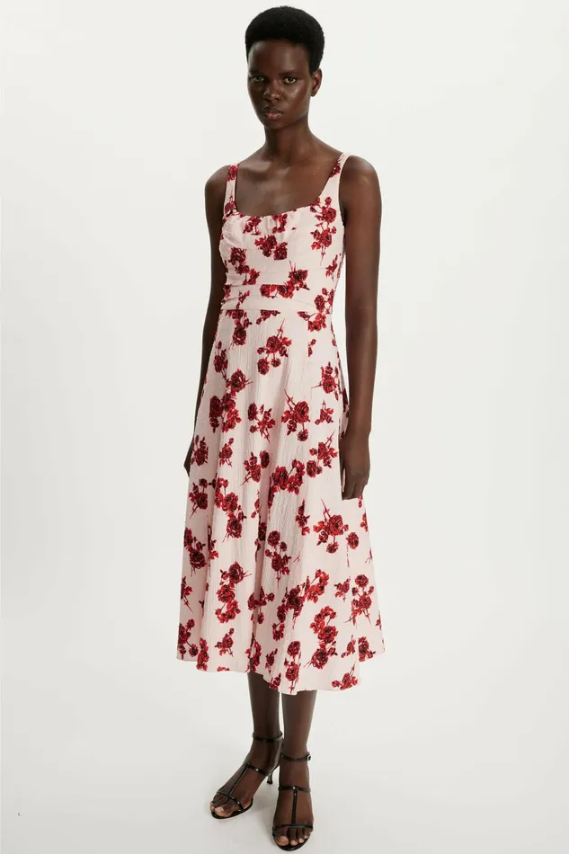 Emilia Wickstead Verena Dress Red Rose Stems On Pink Bibione Cotton Women Dresses