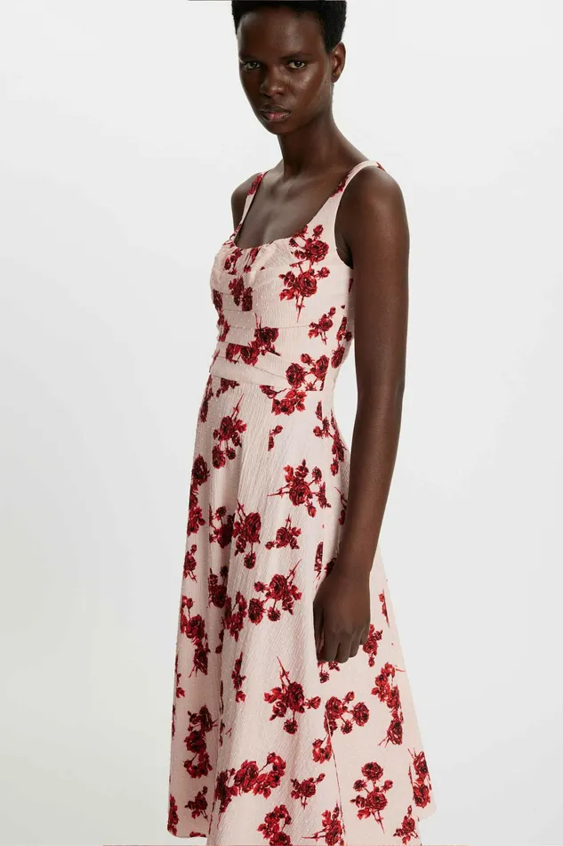 Emilia Wickstead Verena Dress Red Rose Stems On Pink Bibione Cotton Women Dresses Emilia Wickstead Verena Dress Red Rose Stems On Pink Bibione Cotton Women Dresses