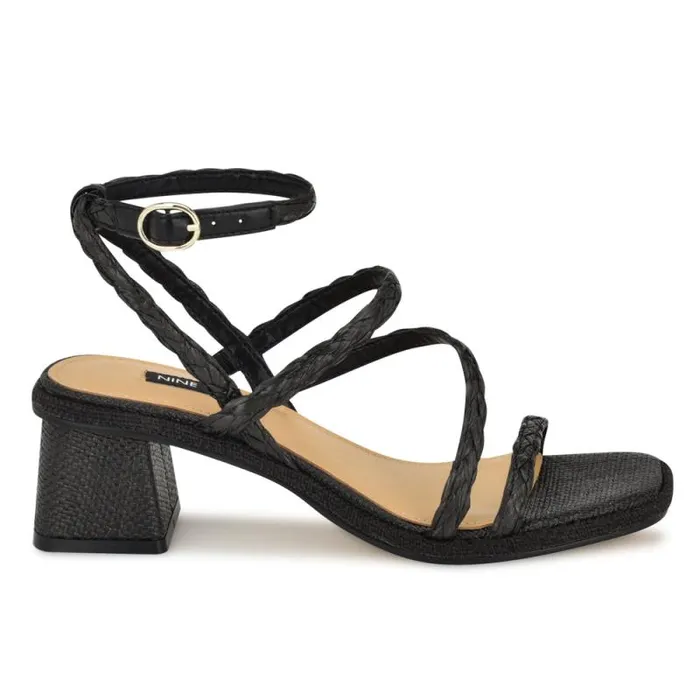 Emolly Raffia Block Heel Sandals Black Raffia Women Nine West Heels