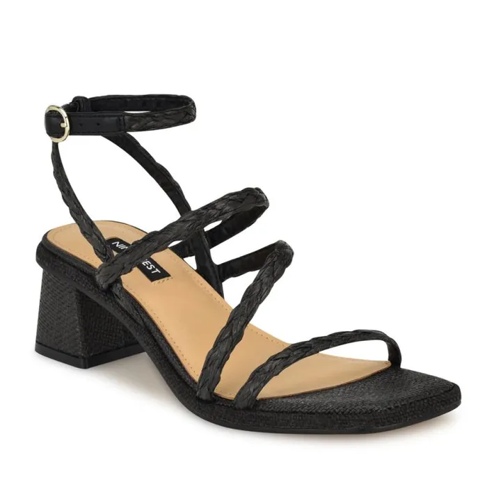 Emolly Raffia Block Heel Sandals Black Raffia Women Nine West Heels