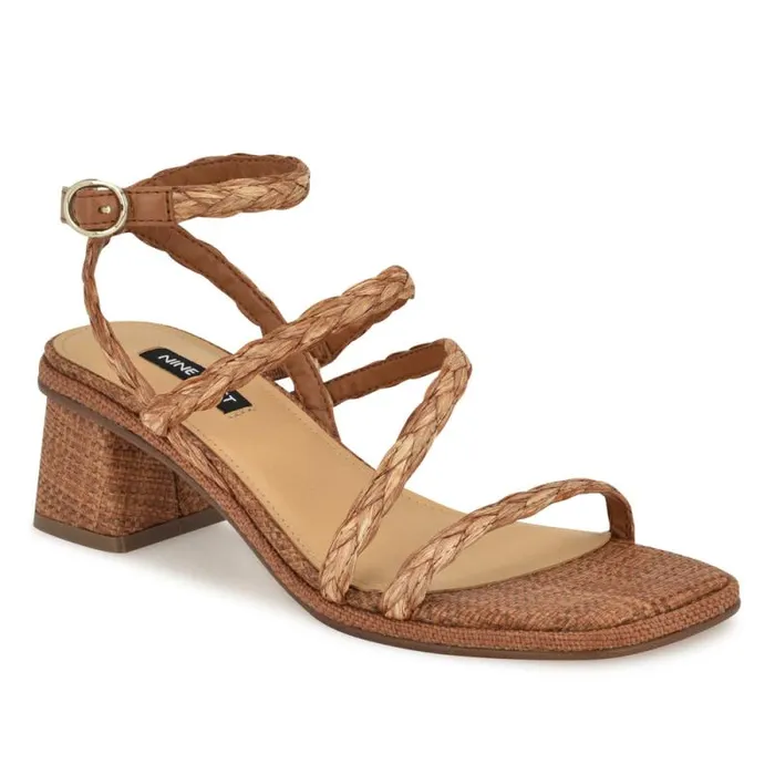 Emolly Raffia Block Heel Sandals Brown Raffia Women Nine West Heels