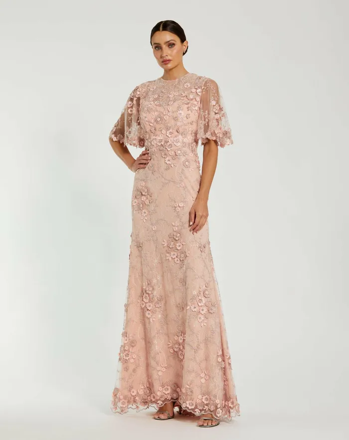Evening Gowns Flutter Sleeve Floral Embroidered Net Gown Rose 8211 Mac Duggal Women