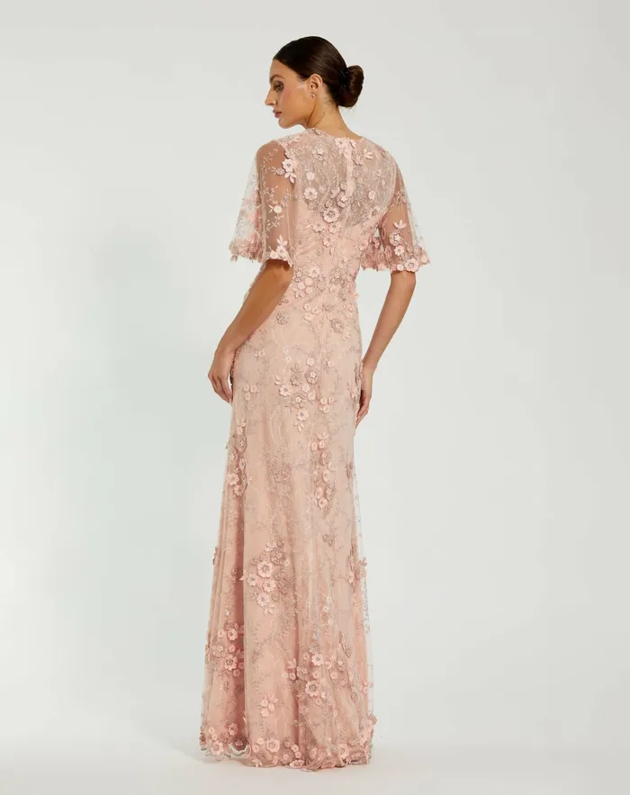 Evening Gowns Flutter Sleeve Floral Embroidered Net Gown Rose 8211 Mac Duggal Women