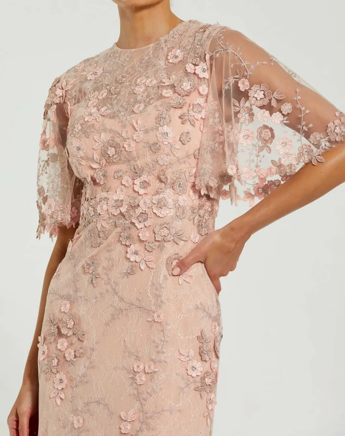 Evening Gowns Flutter Sleeve Floral Embroidered Net Gown Rose 8211 Mac Duggal Women