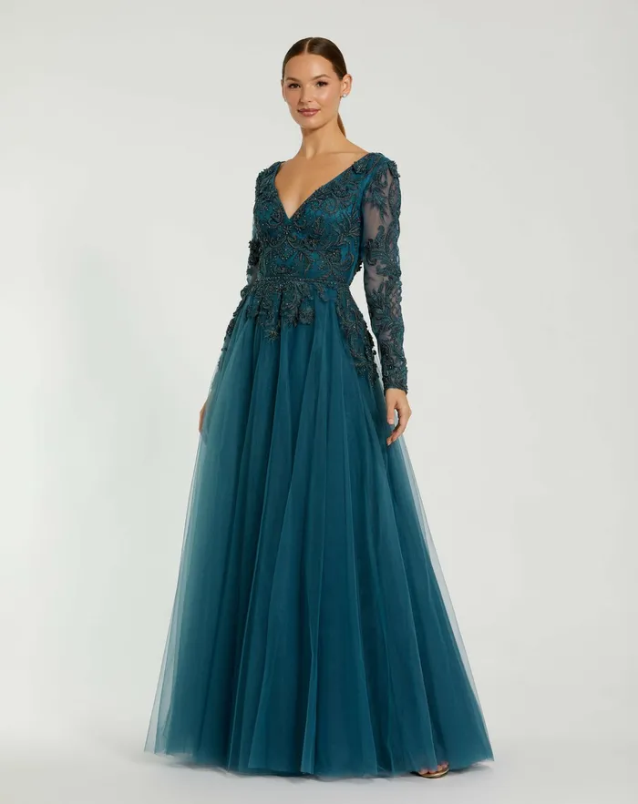 Evening Gowns Long Sleeve Embellished Tulle Gown Teal Mac Duggal Women
