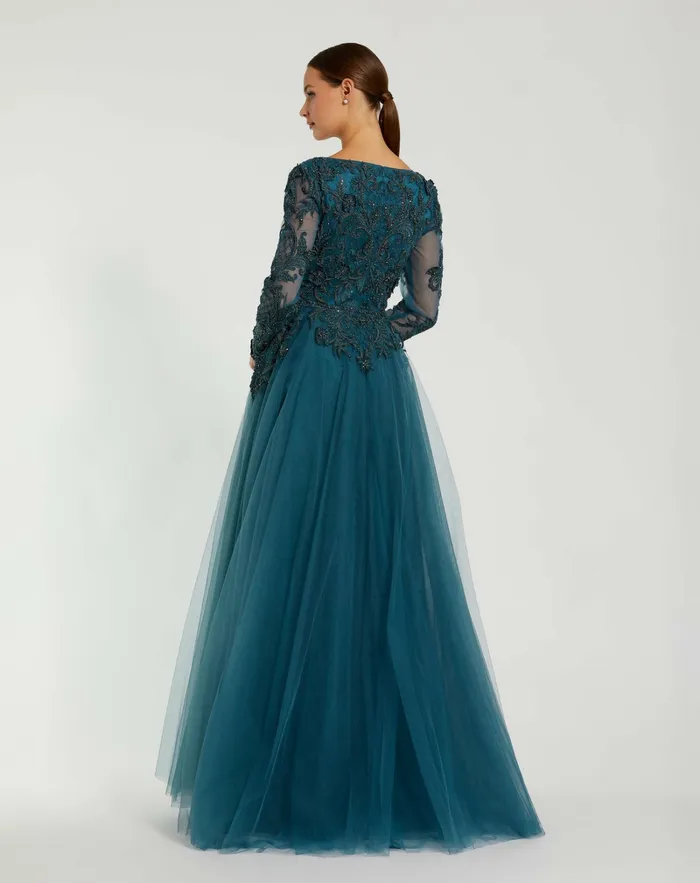 Evening Gowns Long Sleeve Embellished Tulle Gown Teal Mac Duggal Women Evening Gowns Long Sleeve Embellished Tulle Gown Teal Mac Duggal Women