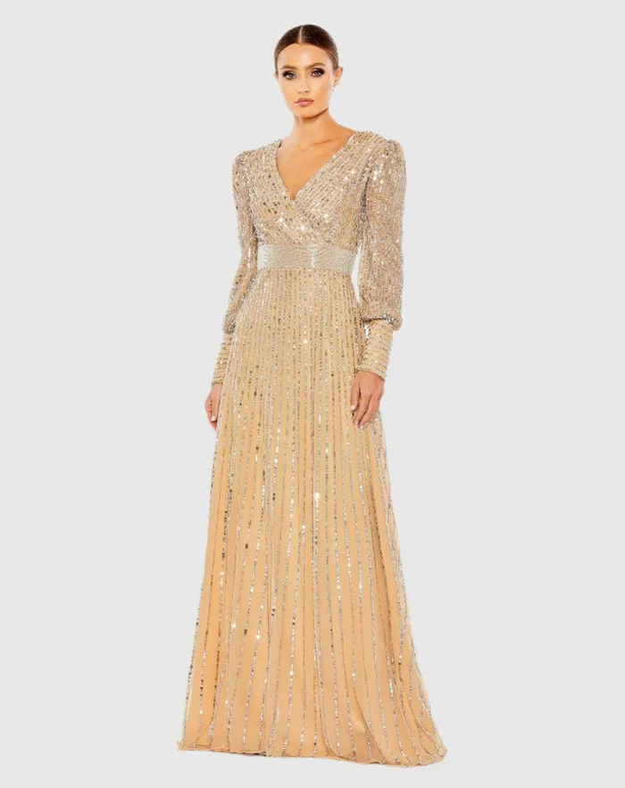 Evening Gowns Mac Duggal Women Sequined Wrap Over Bishop Sleeve Dress Vanilla Silver