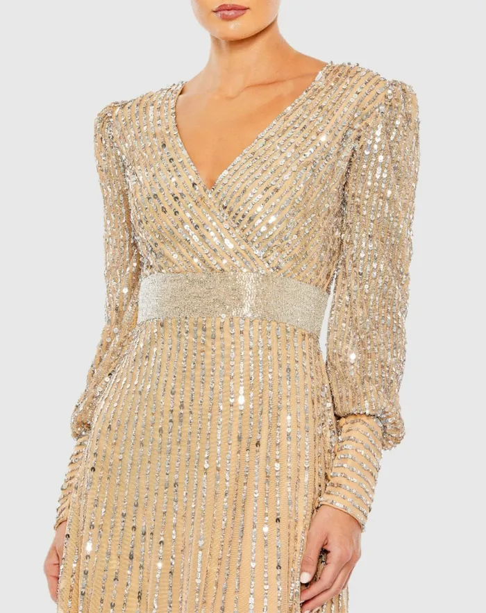 Evening Gowns Mac Duggal Women Sequined Wrap Over Bishop Sleeve Dress Vanilla Silver