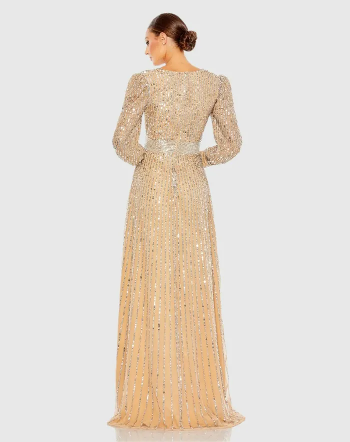 Evening Gowns Mac Duggal Women Sequined Wrap Over Bishop Sleeve Dress Vanilla Silver