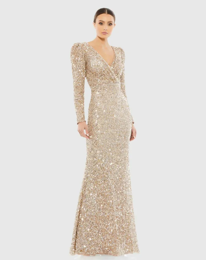 Evening Gowns Puff Shoulder Sequined Surplice Gown Shimmering Gold Mac Duggal Women