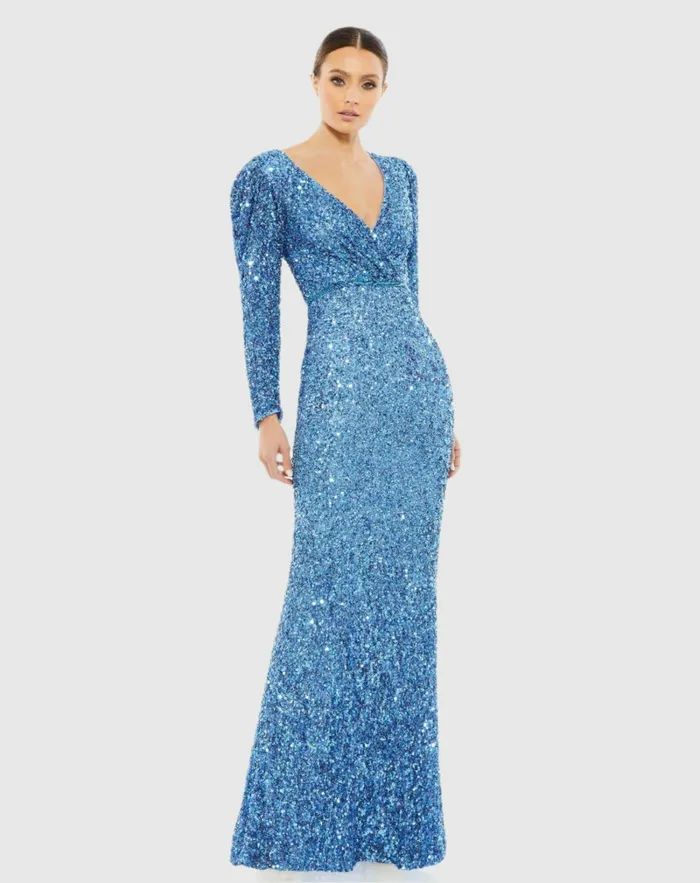 Evening Gowns Puff Shoulder Sequined Surplice Gown Shimmering Gold Mac Duggal Women