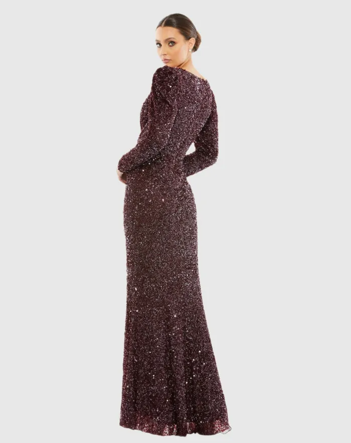 Evening Gowns Puff Shoulder Sequined Surplice Gown Shimmering Gold Mac Duggal Women