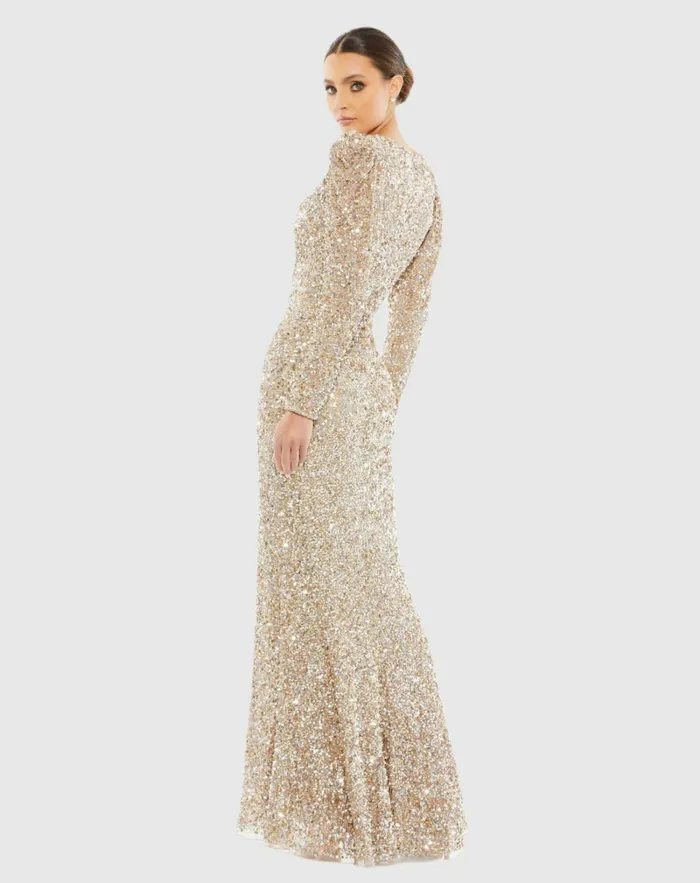 Evening Gowns Puff Shoulder Sequined Surplice Gown Shimmering Gold Mac Duggal Women