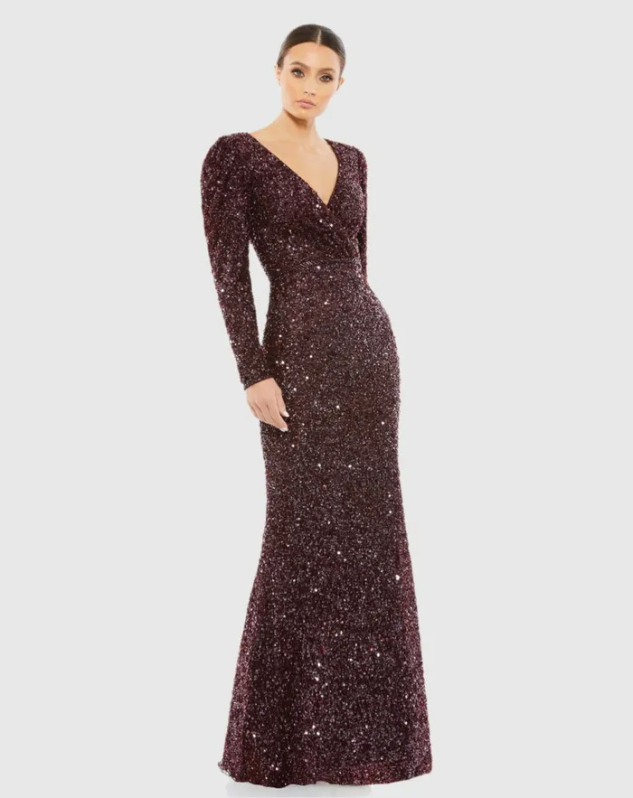 Evening Gowns Puff Shoulder Sequined Surplice Gown Shimmering Gold Mac Duggal Women