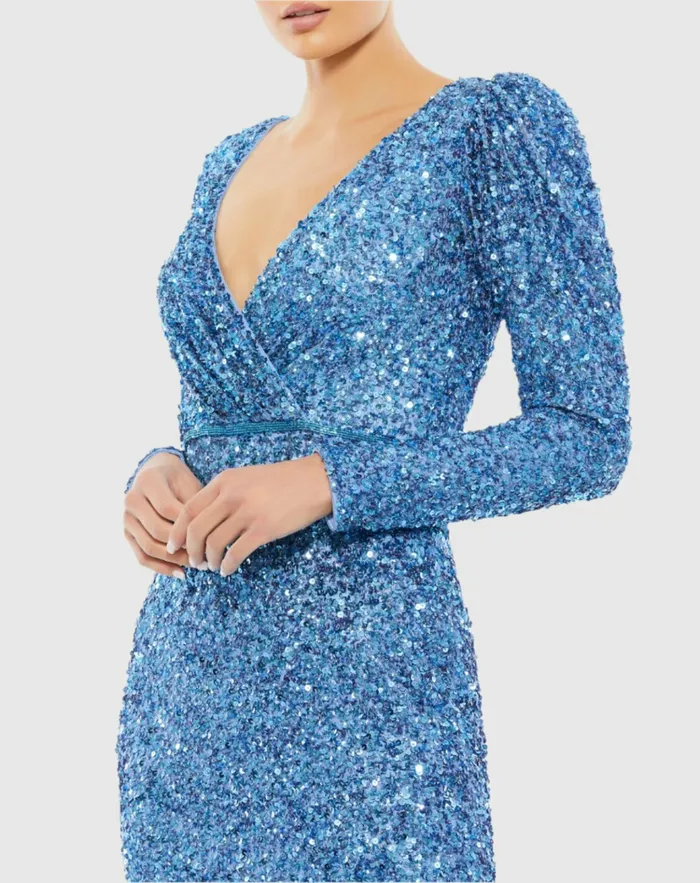 Evening Gowns Puff Shoulder Sequined Surplice Gown Shimmering Gold Mac Duggal Women