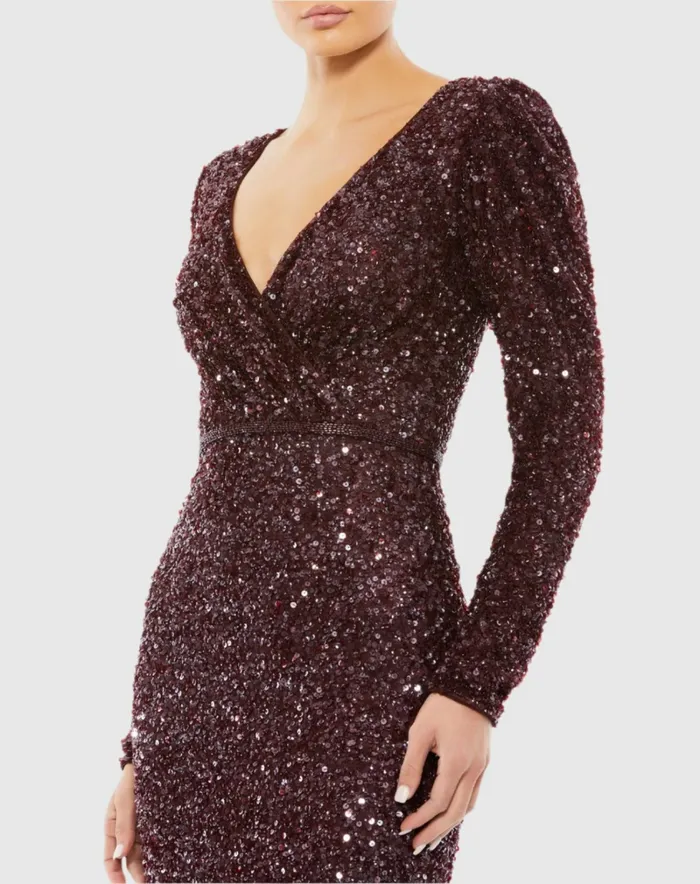 Evening Gowns Puff Shoulder Sequined Surplice Gown Shimmering Gold Mac Duggal Women