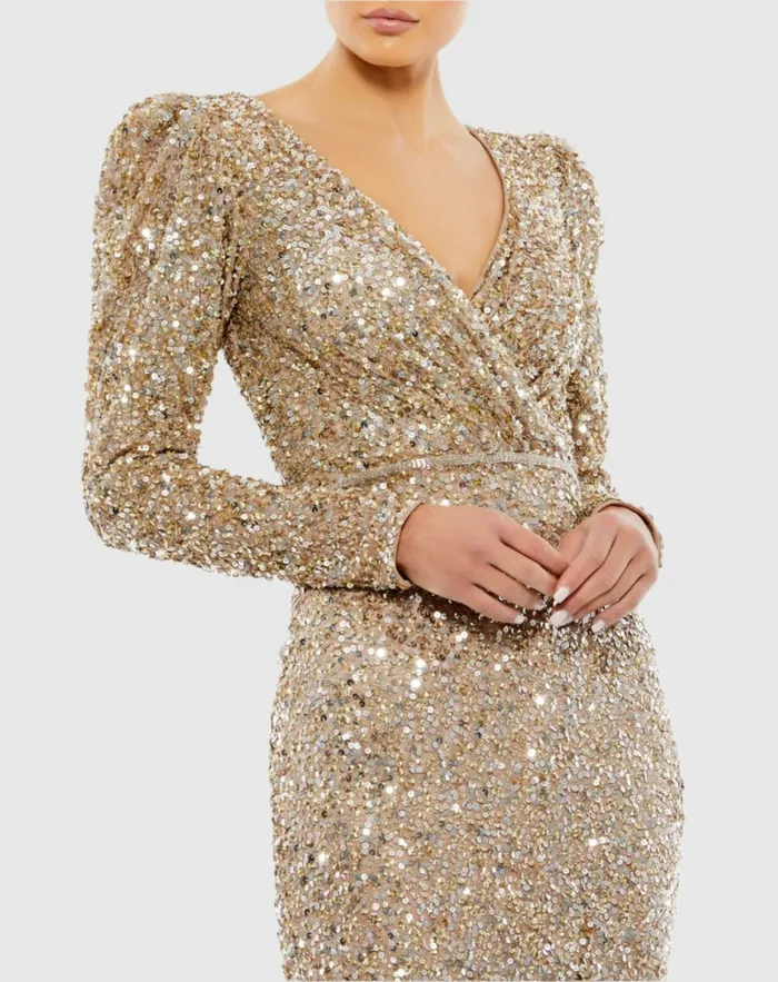 Evening Gowns Puff Shoulder Sequined Surplice Gown Shimmering Gold Mac Duggal Women