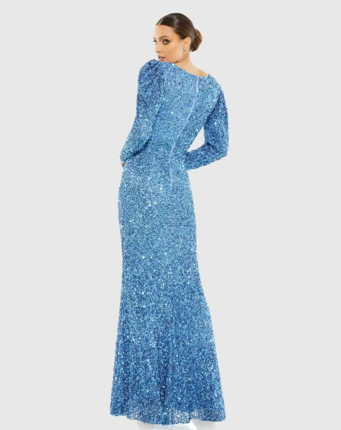 Evening Gowns Puff Shoulder Sequined Surplice Gown Shimmering Gold Mac Duggal Women