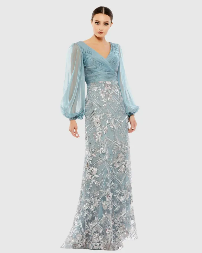 Evening Gowns Women Illusion Puff Sleeve Pleated Bodice Embellished Gown Slate Blue Mac Duggal Evening Gowns Women Illusion Puff Sleeve Pleated Bodice Embellished Gown Slate Blue Mac Duggal