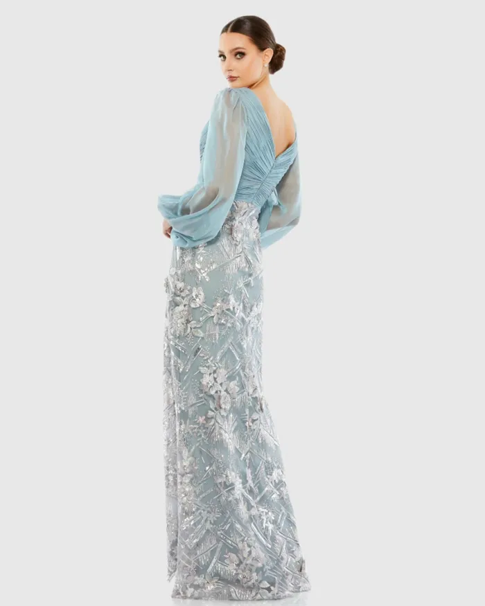 Evening Gowns Women Illusion Puff Sleeve Pleated Bodice Embellished Gown Slate Blue Mac Duggal Evening Gowns Women Illusion Puff Sleeve Pleated Bodice Embellished Gown Slate Blue Mac Duggal