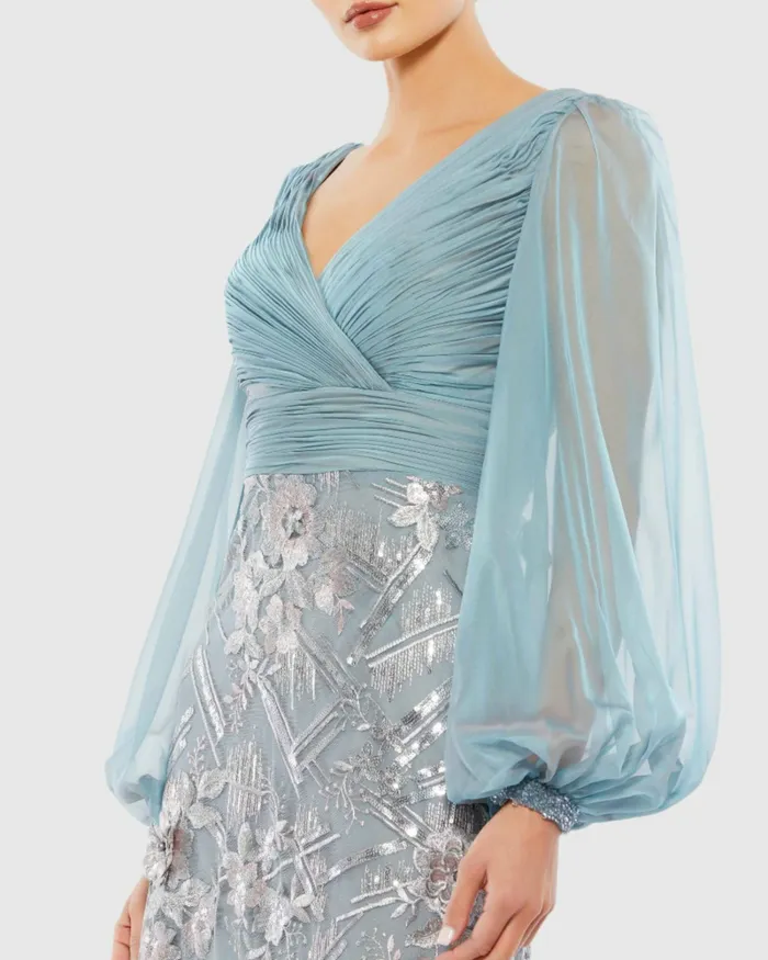 Evening Gowns Women Illusion Puff Sleeve Pleated Bodice Embellished Gown Slate Blue Mac Duggal Evening Gowns Women Illusion Puff Sleeve Pleated Bodice Embellished Gown Slate Blue Mac Duggal