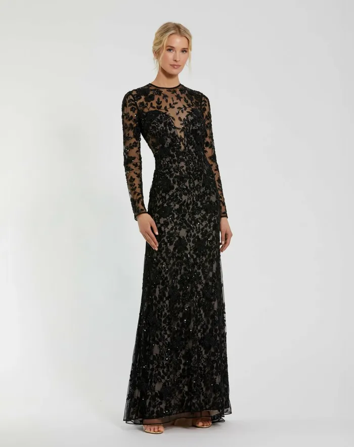 Evening Gowns Women Long Sleeve Floral Embellished Gown Black Nude Mac Duggal