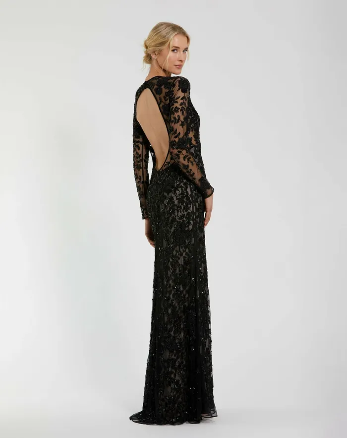 Evening Gowns Women Long Sleeve Floral Embellished Gown Black Nude Mac Duggal Evening Gowns Women Long Sleeve Floral Embellished Gown Black Nude Mac Duggal
