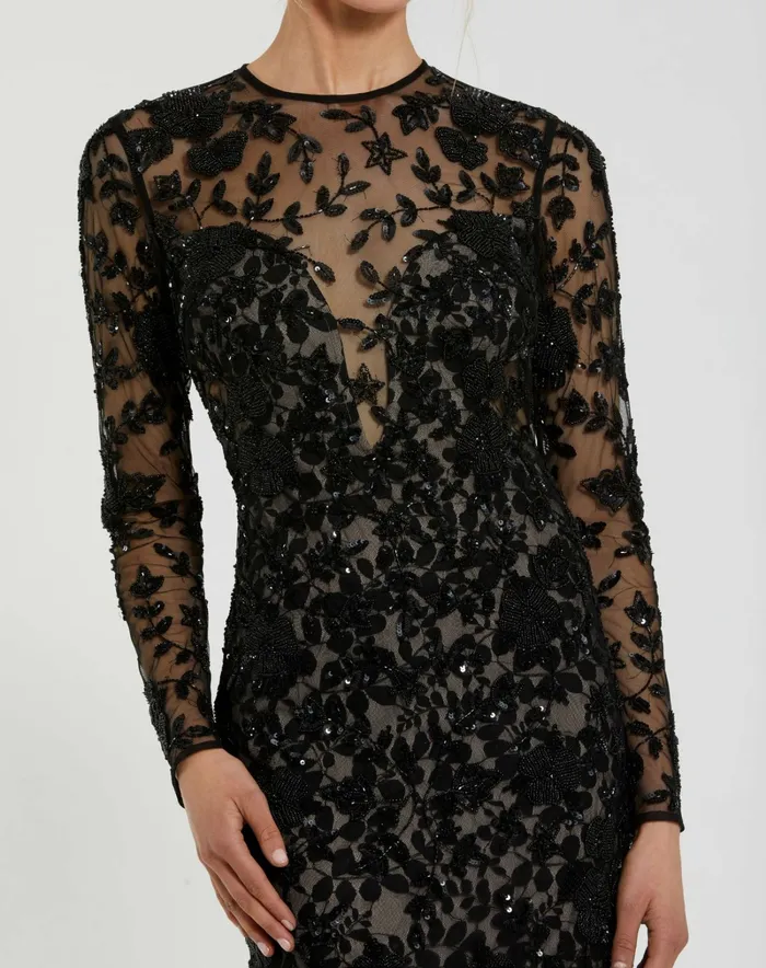 Evening Gowns Women Long Sleeve Floral Embellished Gown Black Nude Mac Duggal Evening Gowns Women Long Sleeve Floral Embellished Gown Black Nude Mac Duggal