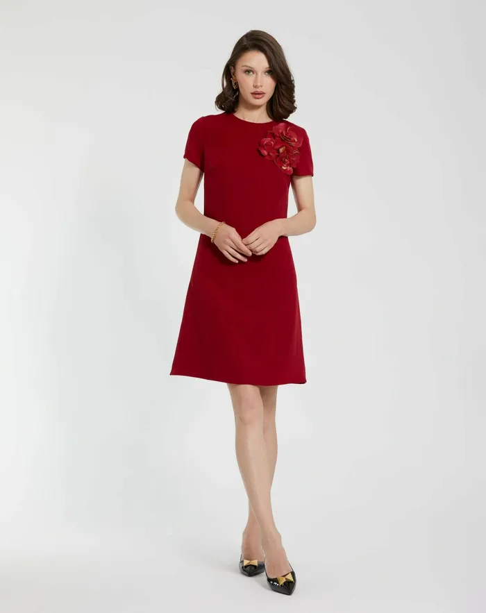 Every Day Dresses Crepe Cap Sleeve Mini Dress With 3D Flower Details Garnet Mac Duggal Women Every Day Dresses Crepe Cap Sleeve Mini Dress With 3D Flower Details Garnet Mac Duggal Women