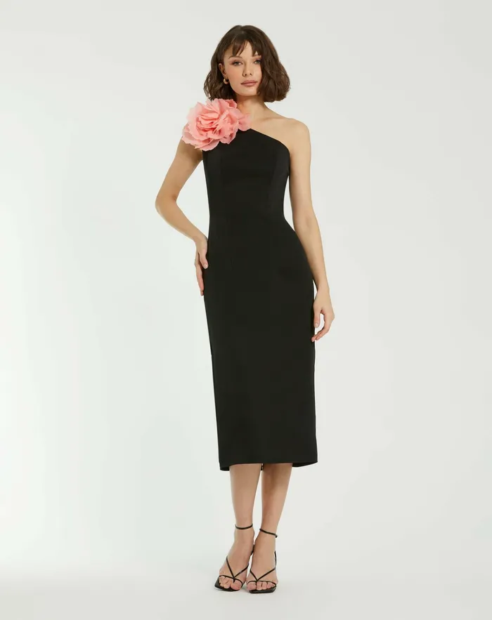Every Day Dresses Crepe One Shoulder Midi Dress With Flower Black 8211 Mac Duggal Women