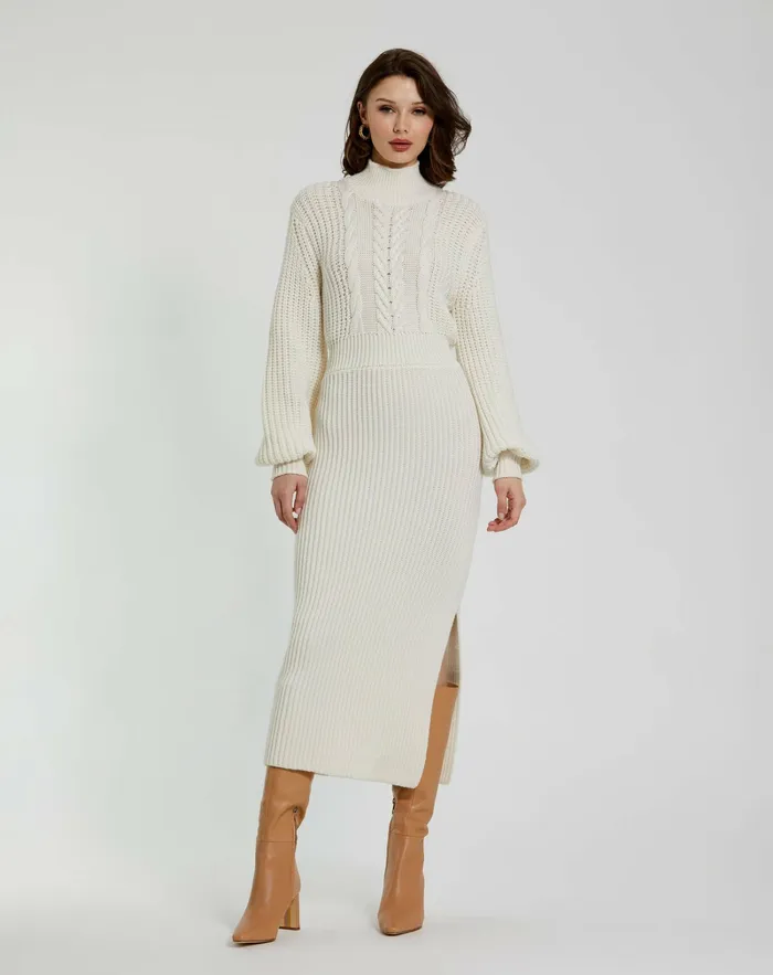 Every Day Dresses Women Long Sleeve Turtle Neck Knit Midi Dress Ecru Mac Duggal