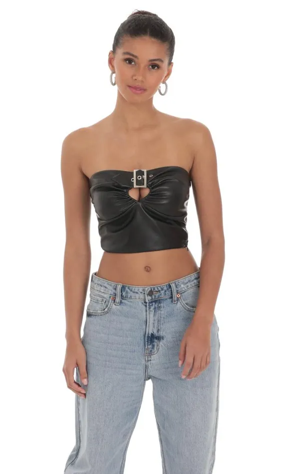 Faux Leather Buckle Top Black Women LUCY IN THE SKY Tops