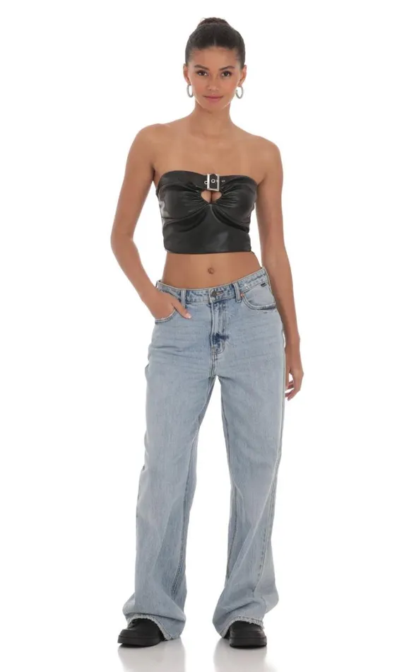 Faux Leather Buckle Top Black Women LUCY IN THE SKY Tops Faux Leather Buckle Top Black Women LUCY IN THE SKY Tops