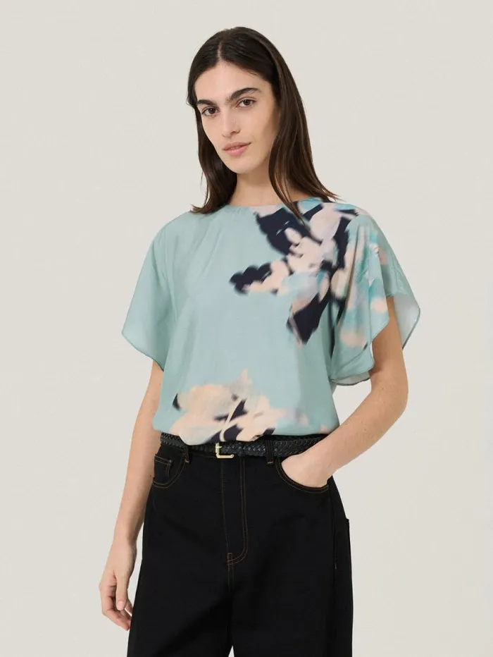 Floral Drift Silk Blend Top Blue Women Jigsaw Shirts and Tops