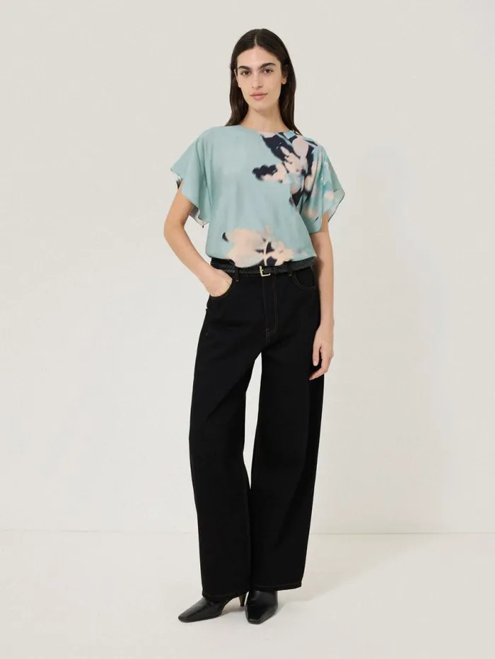 Floral Drift Silk Blend Top Blue Women Jigsaw Shirts and Tops