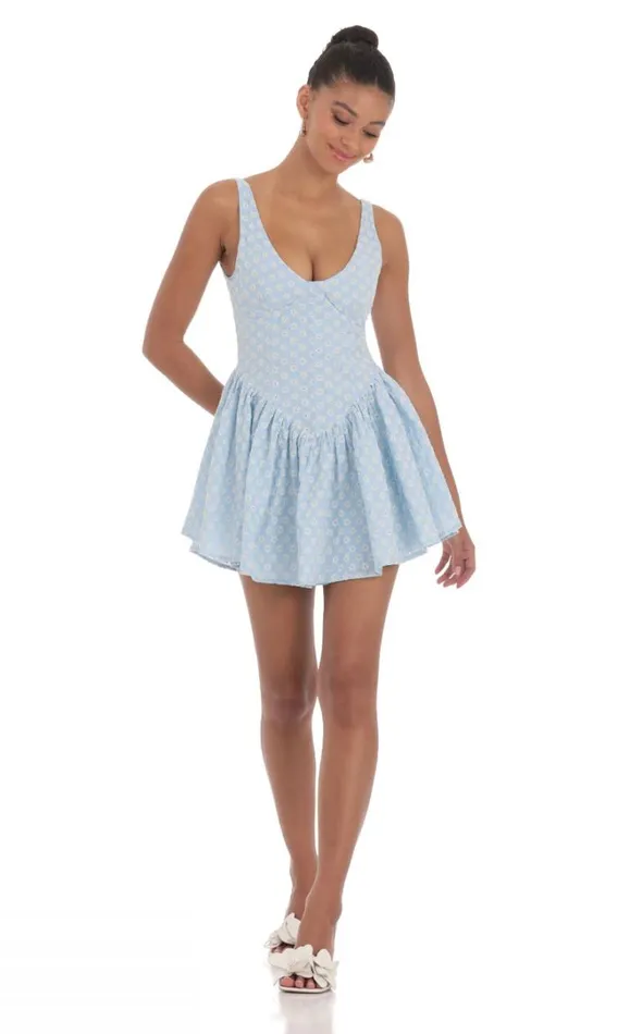 Floral Eyelet Flare Dress Blue Women LUCY IN THE SKY Mini Dresses
