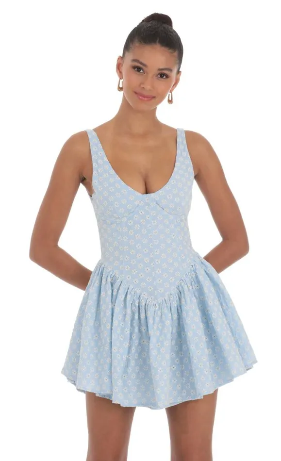 Floral Eyelet Flare Dress Blue Women LUCY IN THE SKY Mini Dresses Floral Eyelet Flare Dress Blue Women LUCY IN THE SKY Mini Dresses
