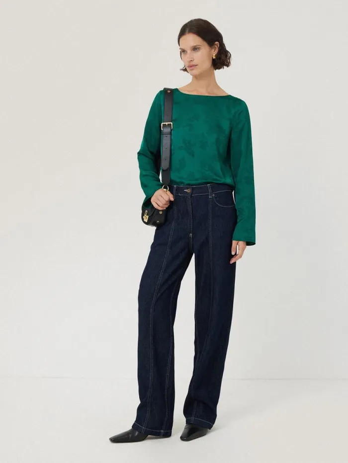 Floral Jacquard Boat Neck Top Green Women Jigsaw Shirts and Tops