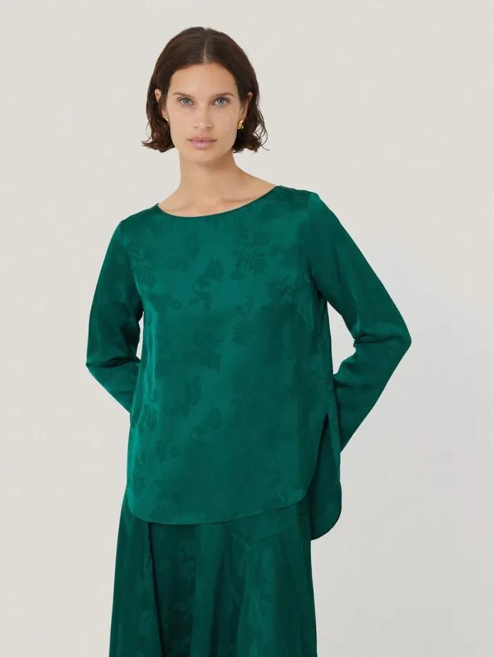 Floral Jacquard Boat Neck Top Green Women Jigsaw Shirts and Tops