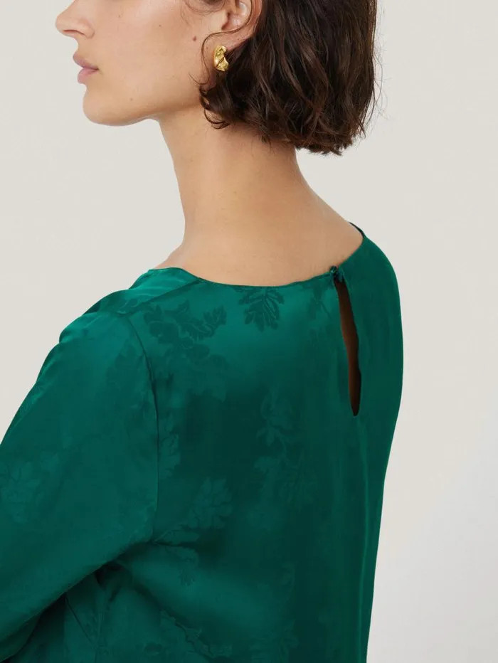 Floral Jacquard Boat Neck Top Green Women Jigsaw Shirts and Tops