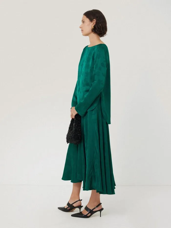Floral Jacquard Boat Neck Top Green Women Jigsaw Shirts and Tops