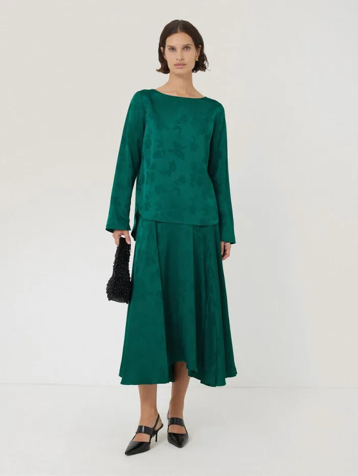 Floral Jacquard Boat Neck Top Green Women Jigsaw Shirts and Tops