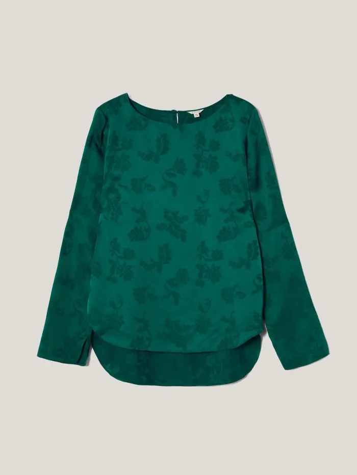 Floral Jacquard Boat Neck Top Green Women Jigsaw Shirts and Tops