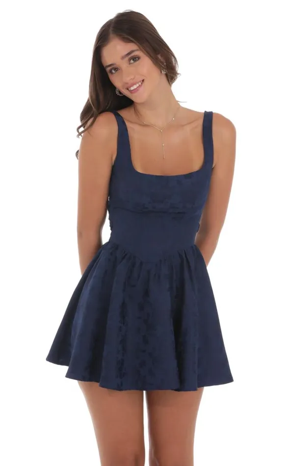 Floral Jacquard Open Back Bow Dress Navy Women LUCY IN THE SKY Mini Dresses