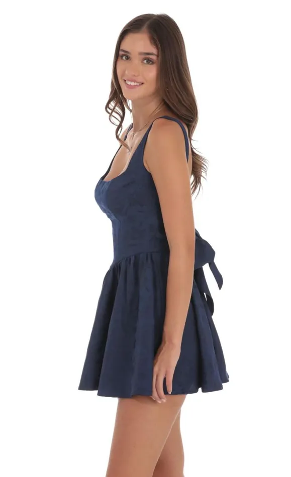 Floral Jacquard Open Back Bow Dress Navy Women LUCY IN THE SKY Mini Dresses