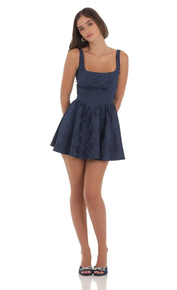 Floral Jacquard Open Back Bow Dress Navy Women LUCY IN THE SKY Mini Dresses