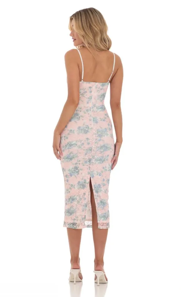 Floral Lace Bodycon Midi Dress Pink Women LUCY IN THE SKY Midi Dresses