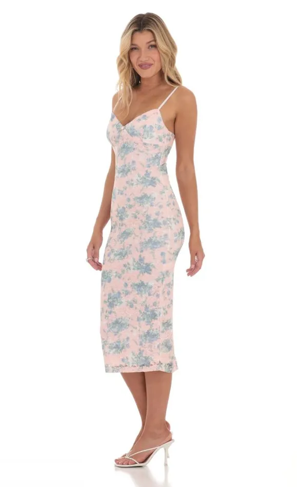 Floral Lace Bodycon Midi Dress Pink Women LUCY IN THE SKY Midi Dresses