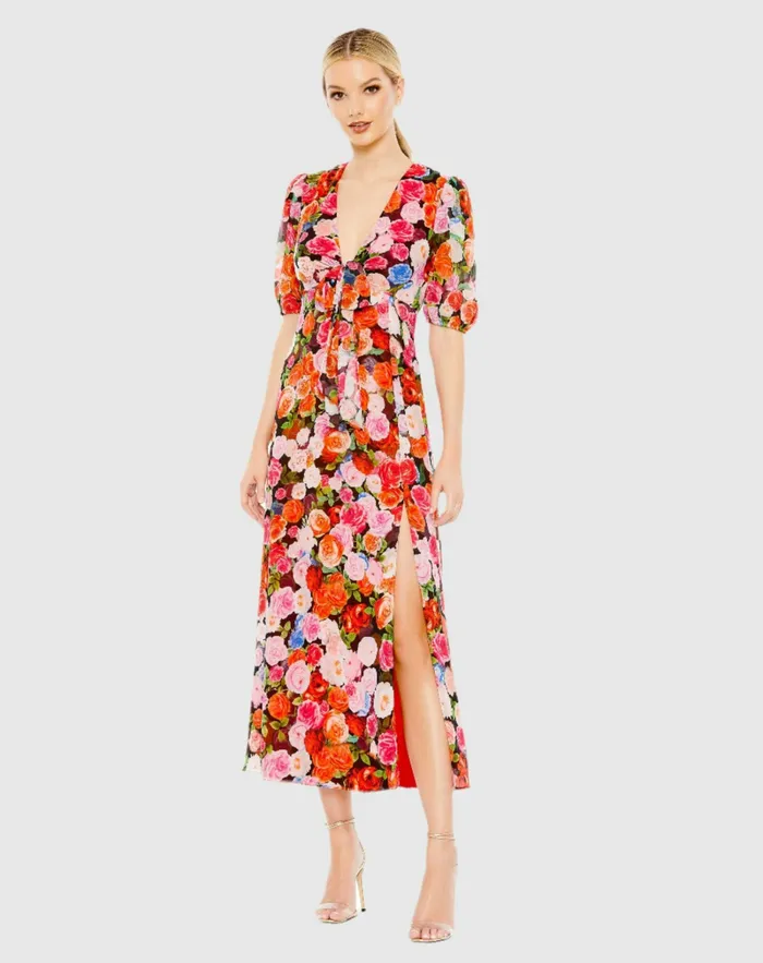 Floral Print Front Tie Puff Sleeve Flowy Midi Dress Rose Multi Daytime Dresses Mac Duggal Women Floral Print Front Tie Puff Sleeve Flowy Midi Dress Rose Multi Daytime Dresses Mac Duggal Women